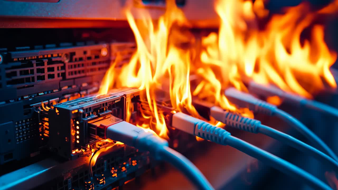 서버 방에서 불타는 이더넷 케이블 한 어리