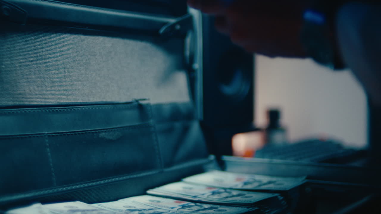 A cinematic close-up shot of an open black briefcase filled with stacks of US hundred-dollar bills, as hands are seen interacting with the large amount of currency