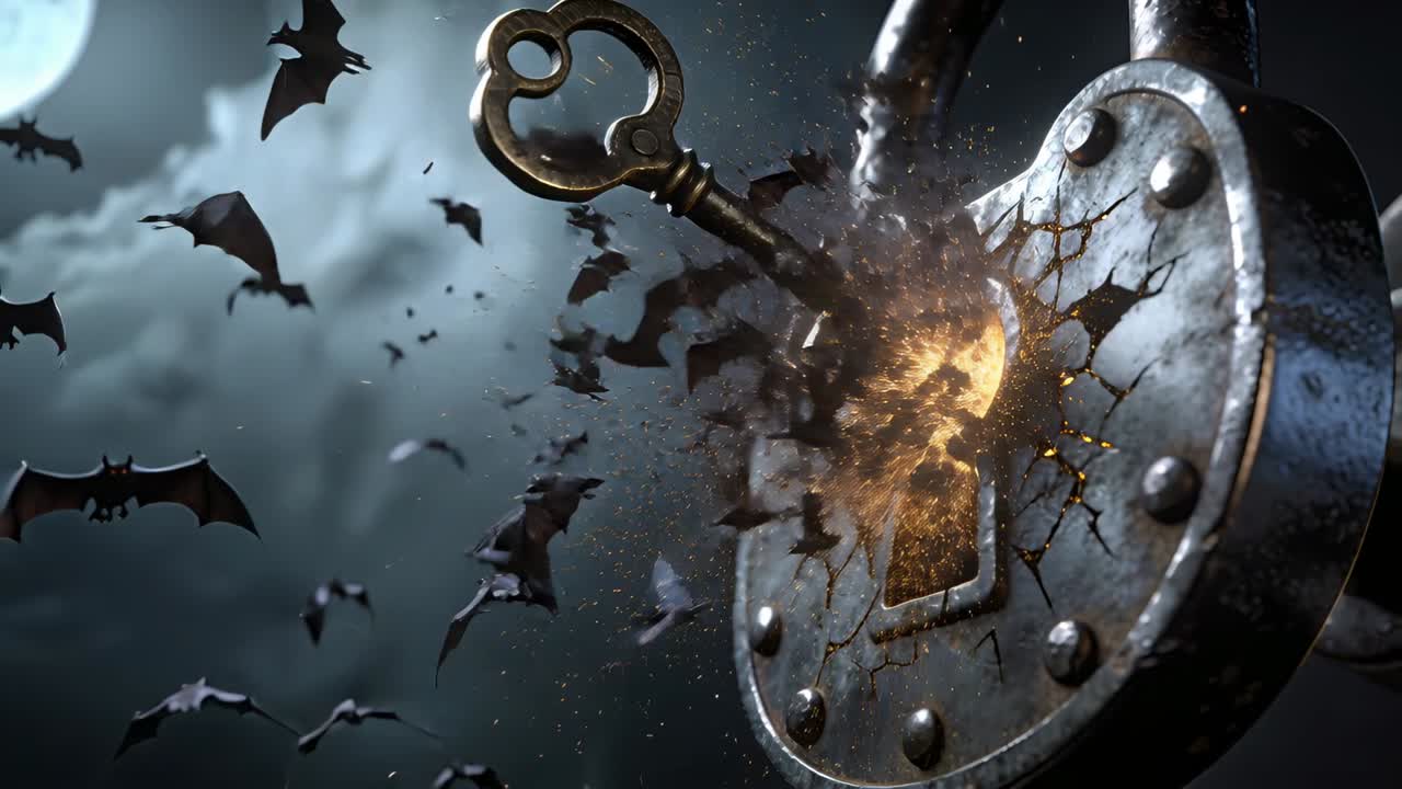 Inserting ornate brass key into antique padlock at moonlit night, releasing golden glow and bats