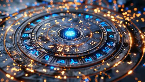 astro signs glow brightly. a glowing blue circle of astrological symbols against a dark background creates a mystical vibe.