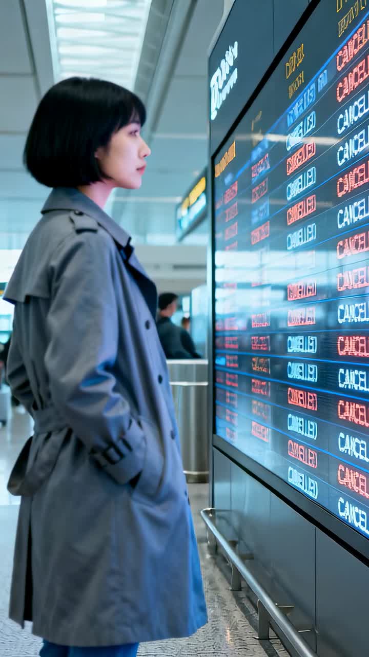 Video vertical: Mujer con abrigo revisando el panel del aeropuerto, viendo vuelos cancelados, espacio para texto.