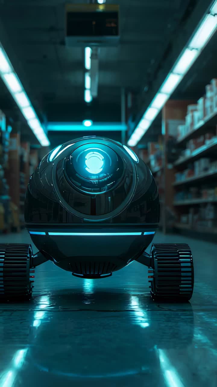 Vertical video: Lens glowing, rolling round robot scanning shelves down long store aisle, blue LED