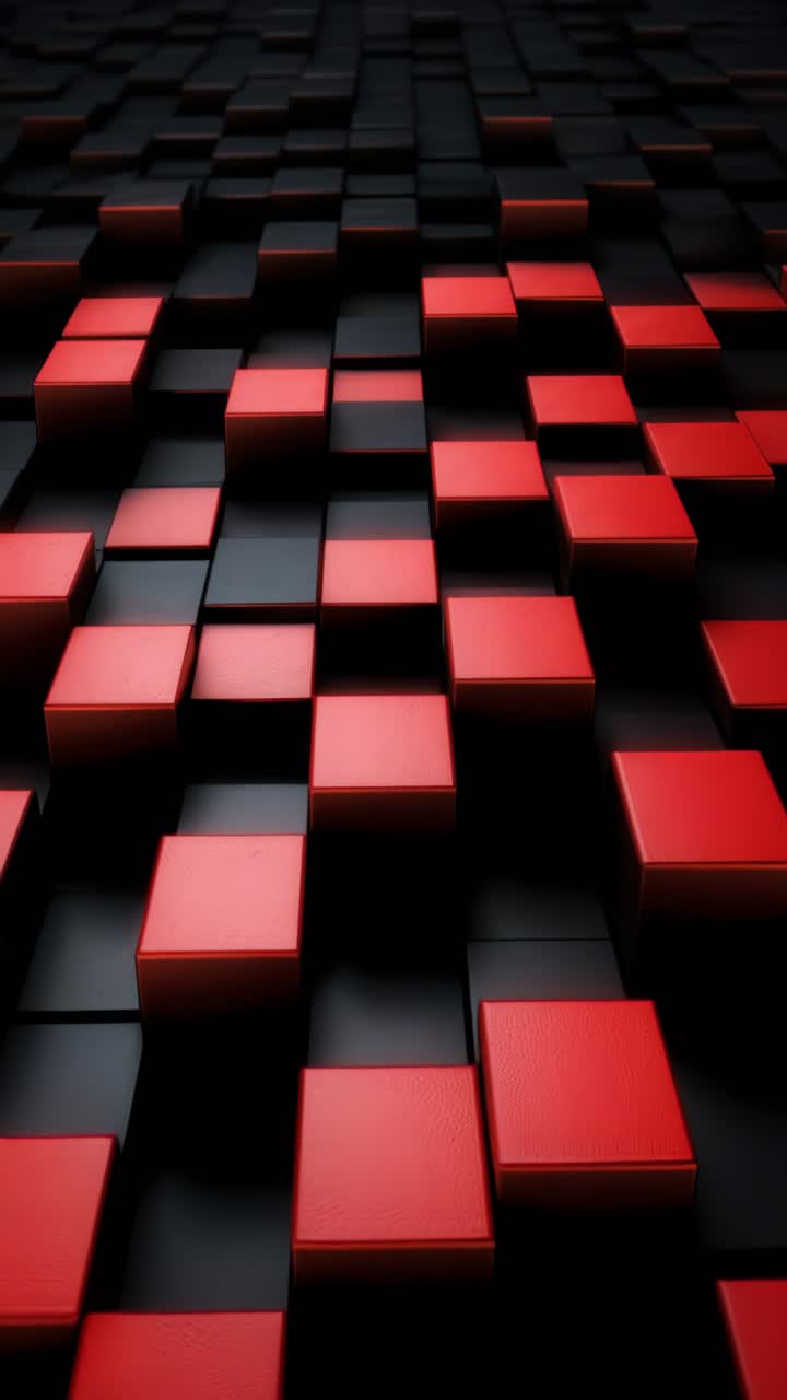 Dynamic video concept of red and black 3D cubes, captured from a low-angle, creating a futuristic