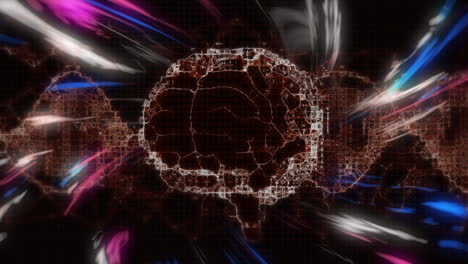 animation of digital brain over light trails on black background