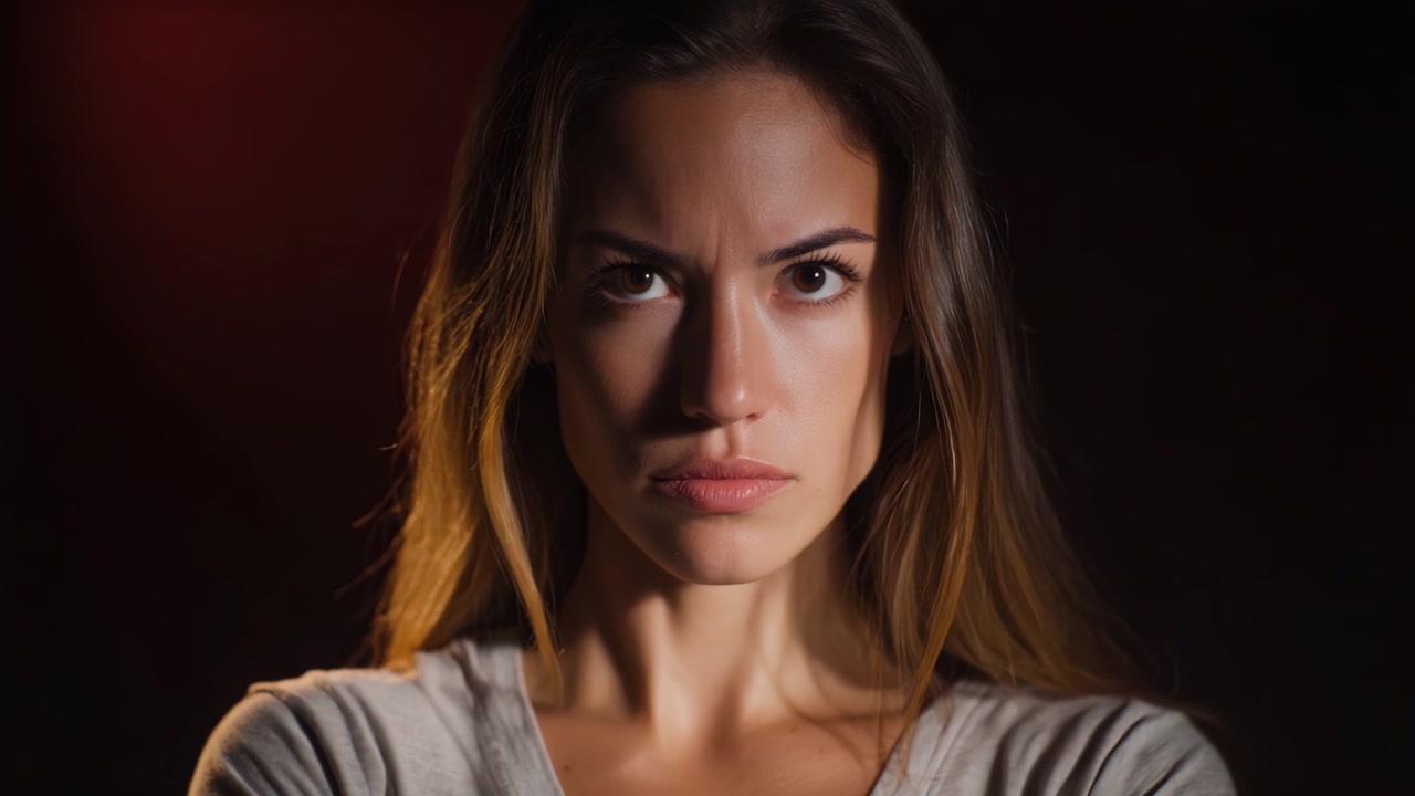 Retrato intenso de una mujer decidida que muestra fuertes emociones y una mirada penetrante en un entorno con poca luz, enfatizando la confianza y la resolución en su expresión.