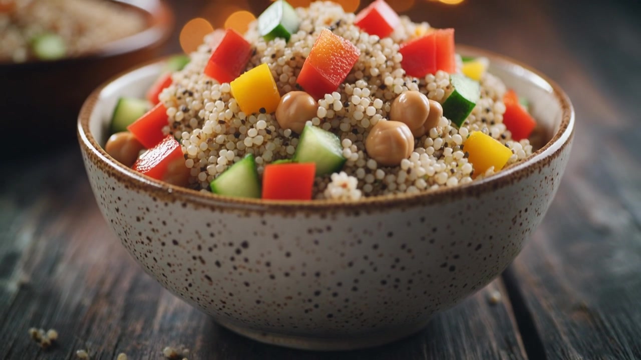 Bol de salade de quinoa fraîche aux légumes sur une table en bois rustique