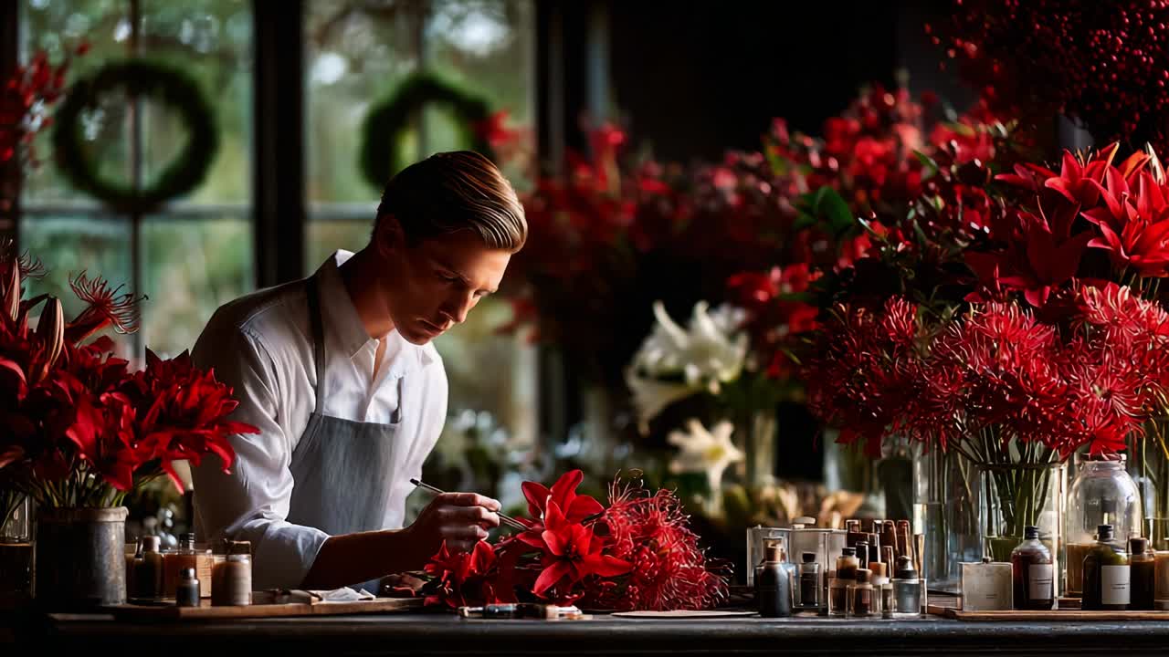 A skilled florist meticulously arranges vibrant red flowers in a beautifully decorated workspace, showcasing artistry and passion in floral design, surrounded by a variety of colorful blooms and tools