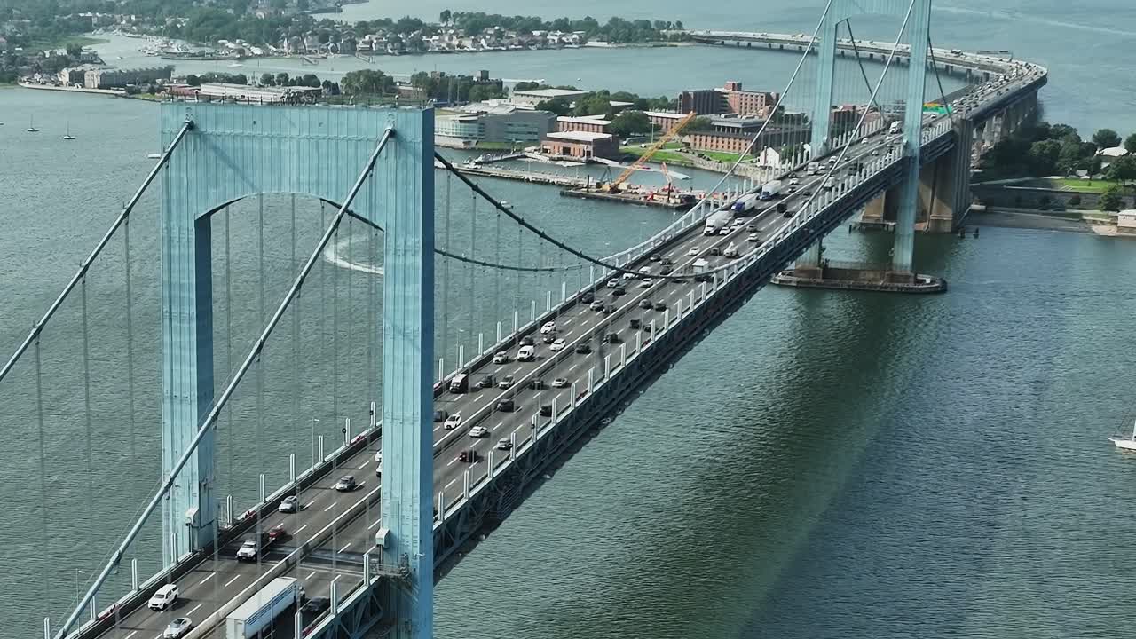 Drone view of the bridge connecting New York land to scenic waters