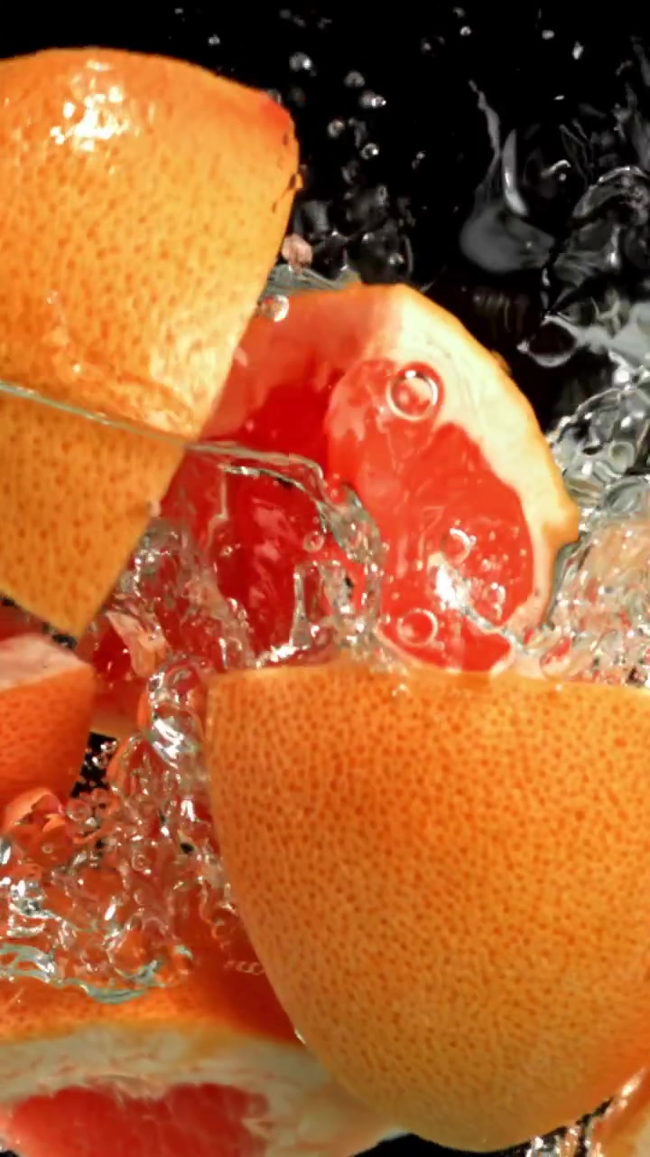 Metà di pompelmo che cadono nell'acqua con schizzi al rallentatore