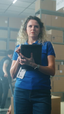 warehouse worker managing inventory with tablet