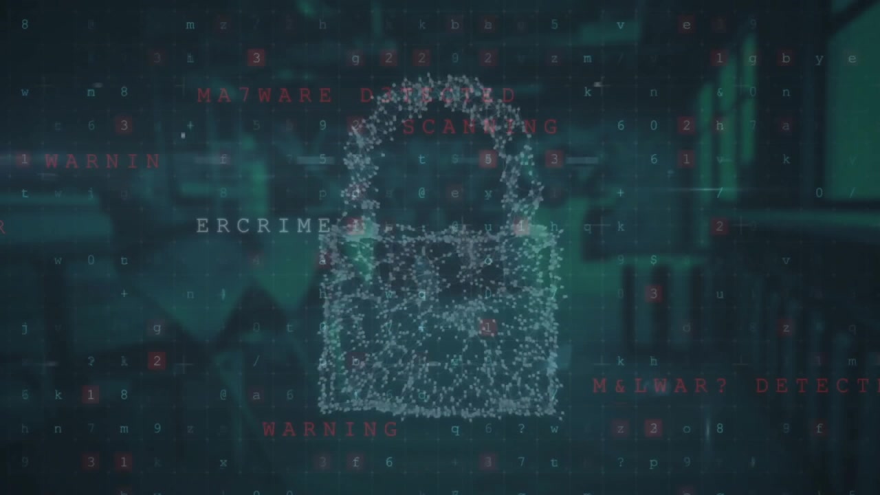 Animation of cyber security warning text and padlock over office