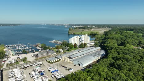 a few warehouse buildings used for boat storage along muskegon lake