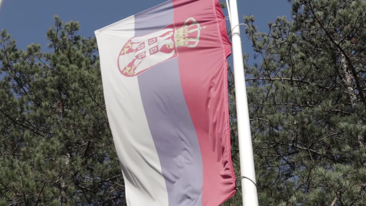 Serbian flag on the pole in the park - slow motion. Bright day - blue sky