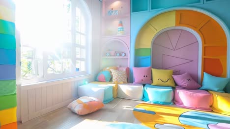 a colorful room with lots of colorful pillows and toys