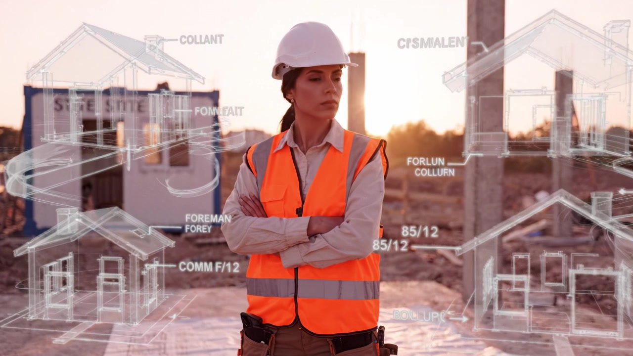 Una trabajadora de la construcción decidida supervisa el progreso de la obra al atardecer con planos arquitectónicos superpuestos, reflejando dedicación y liderazgo en el proyecto.