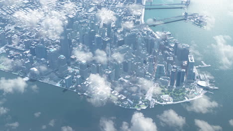 aerial view of a modern city with skyscrapers and clouds