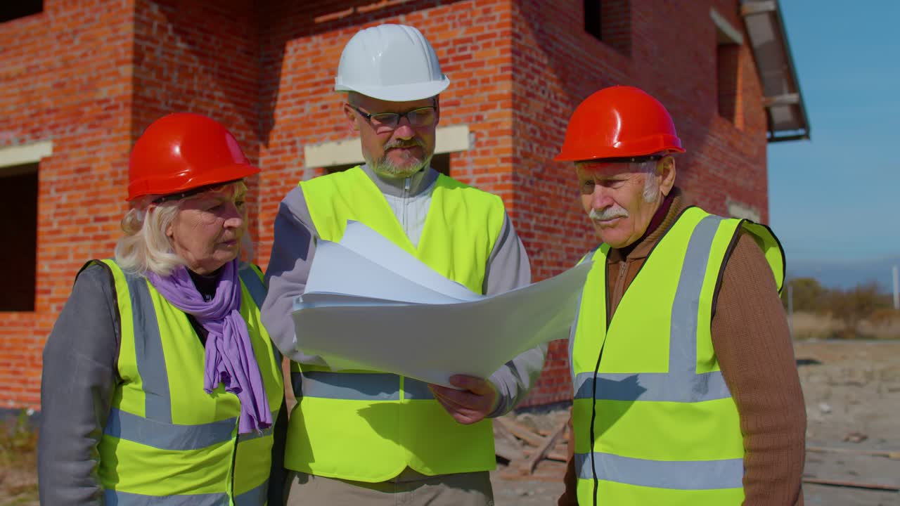 equipo de especialistas tomando cerca de la casa moderna proyecto de construcción de bienes raíces con ingeniero civil sénior