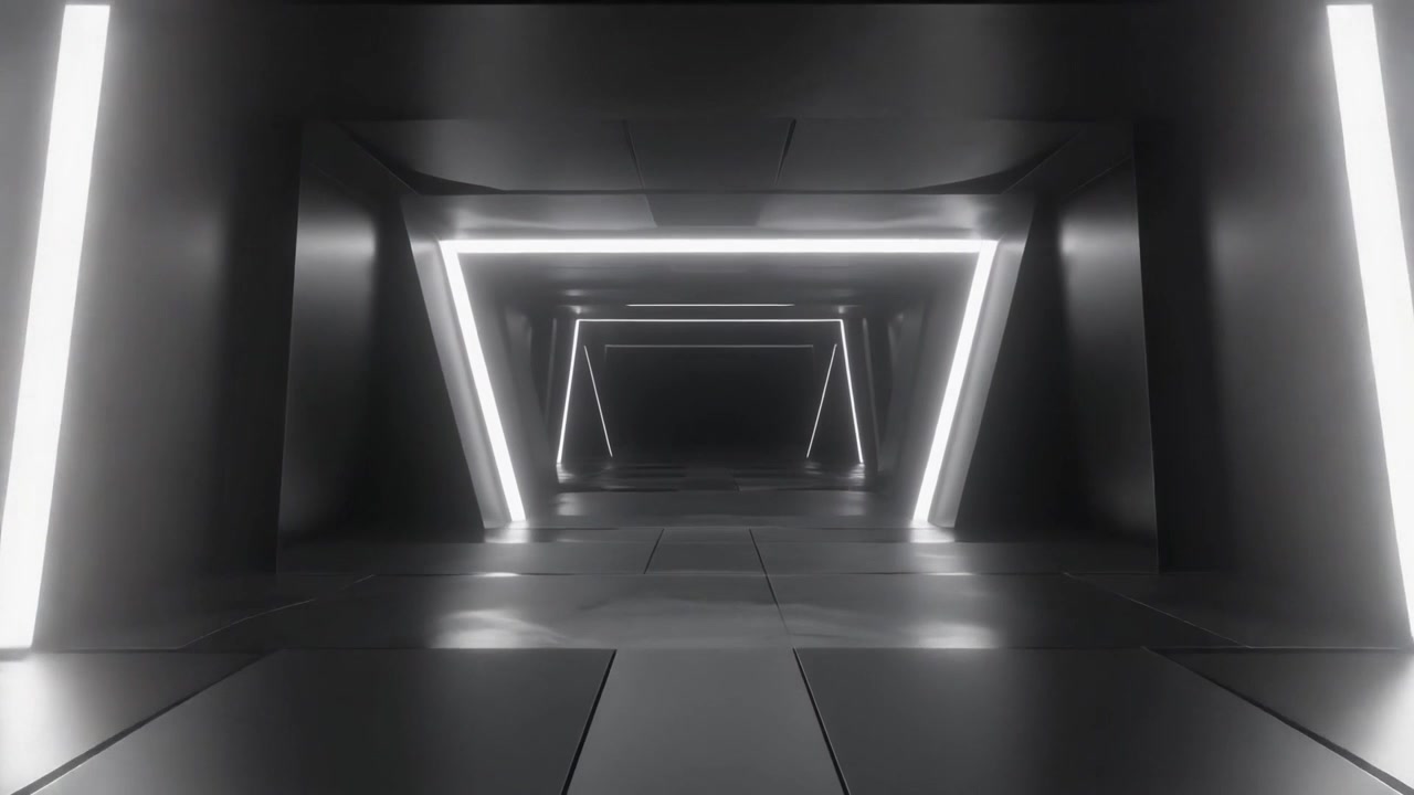 Corridoio futuristico con luci al neon bianche incandescenti