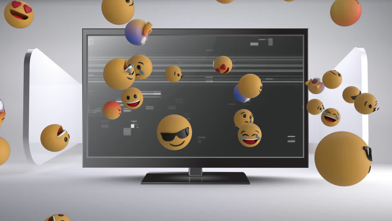 Animation of face emojis and glitch effect over computer screen against grey background