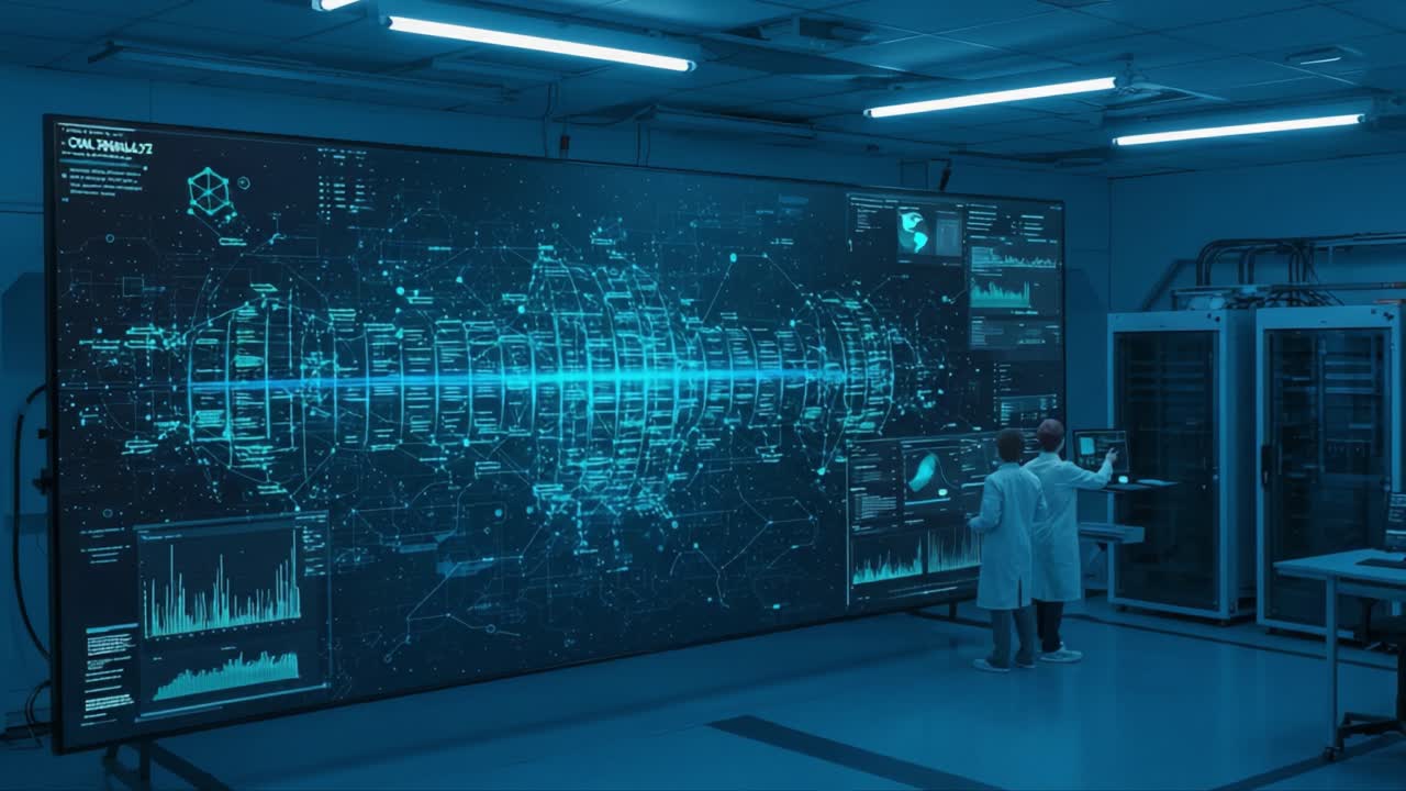 Vědci analyzující high-tech vizualizaci dat v prostředí pokročilé výzkumné laboratoře s interaktivní digitální obrazovkou zobrazující složité grafy a statistiky