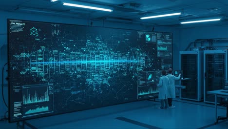 scientists analyzing high-tech data visualization in advanced research lab environment with interactive digital screen displaying complex graphs and statistics