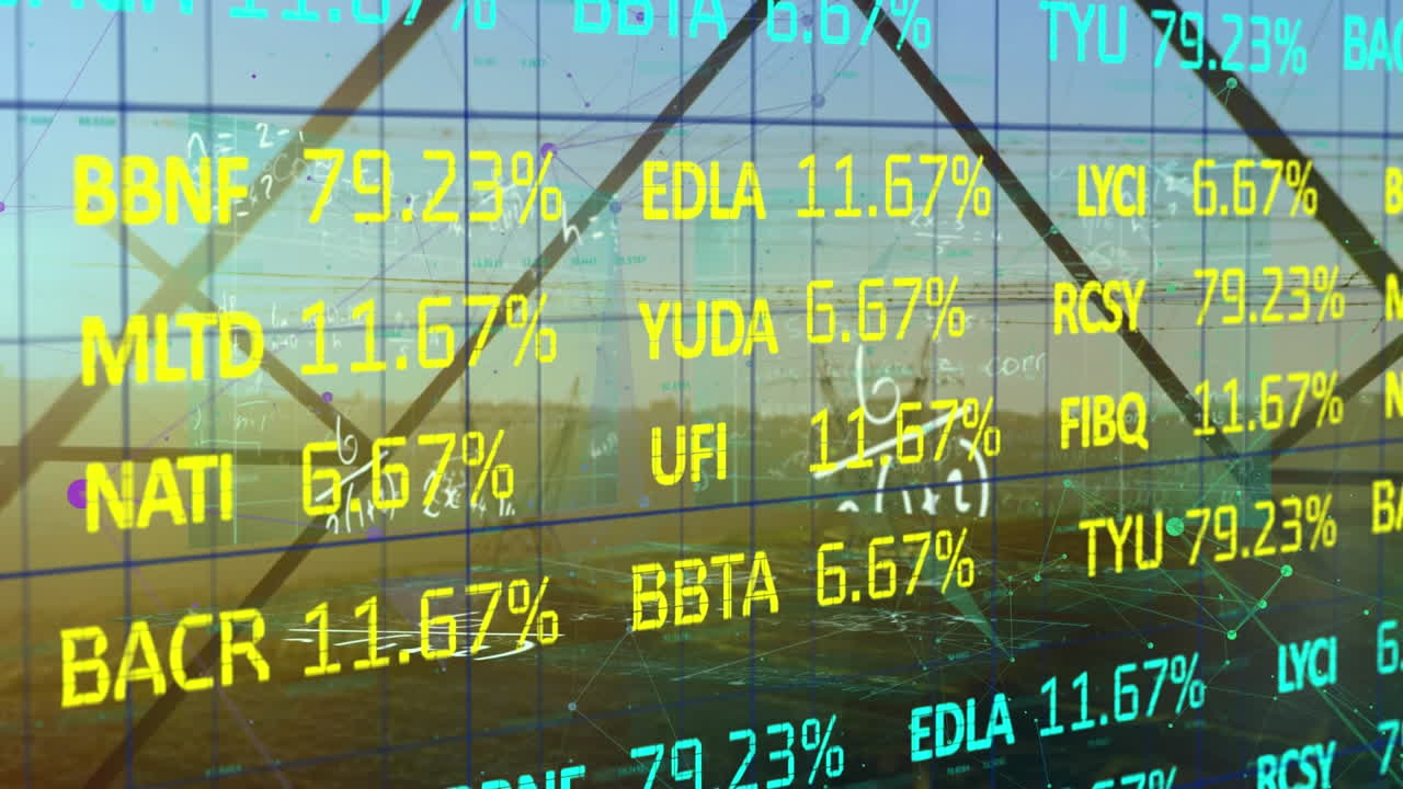 animación del procesamiento de datos del mercado de valores y ecuaciones matemáticas contra la torre de red