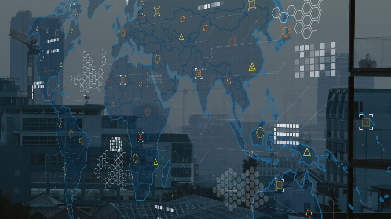 Animation of world map and data processing against aerial view of cityscape