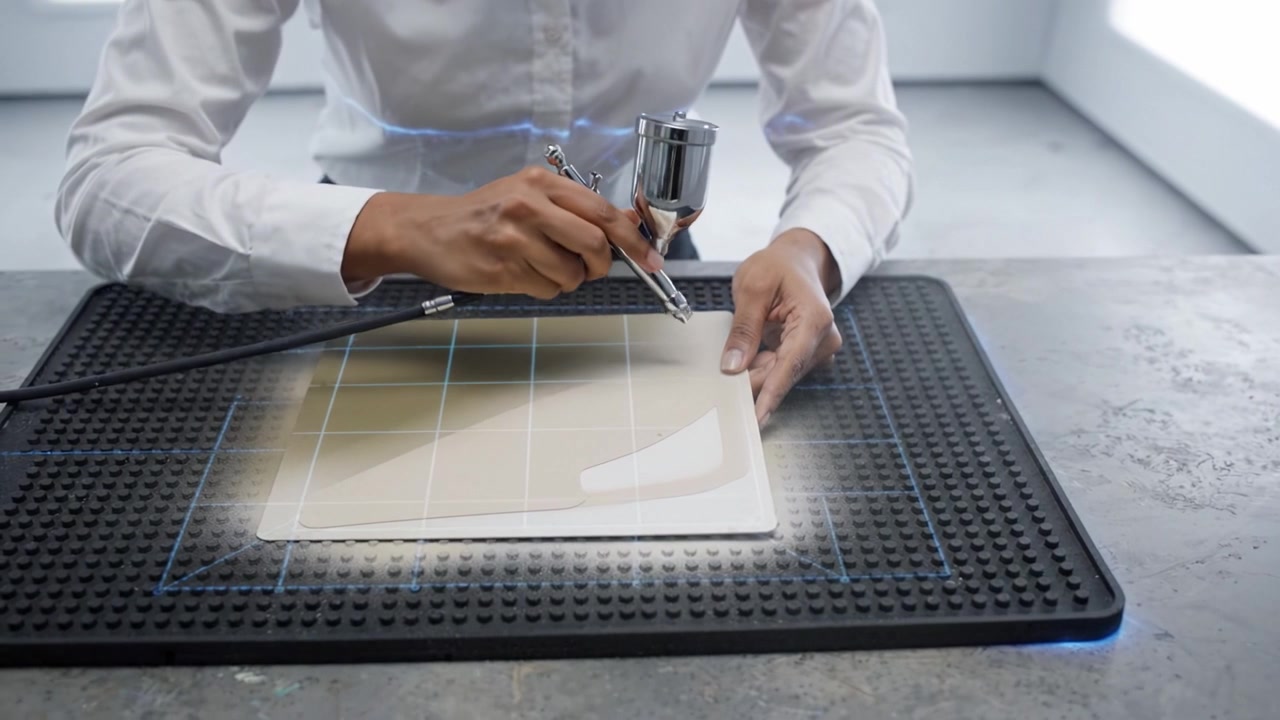 Artist using airbrush technique on a canvas, demonstrating precision and skill while creating a detailed design on a textured surface with careful attention.