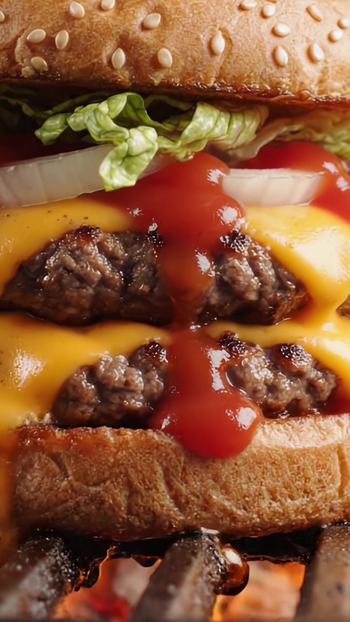 Succulento doppio cheeseburger con formaggio fuso, lattuga fresca e ketchup che cola su un panino al sesamo grigliato - una delizia acquolina in bocca per gli amanti degli hamburger.