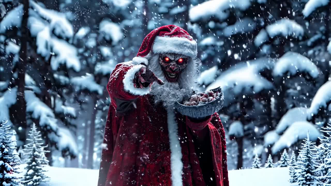 Zombiksi pukeutunut mies pitää kädessään karkkipussia lumessa.