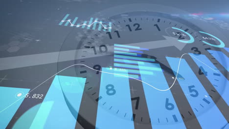 animation of clock face with bar graph showing financial analysis data points