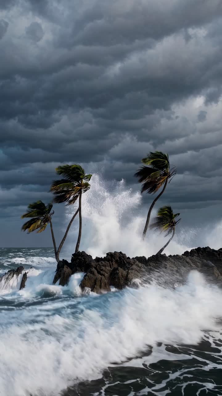 Dramatic seascape with stormy skies, crashing waves, and swaying palm trees