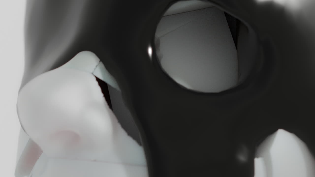 A black liquid metal flows slowly on the sculpture