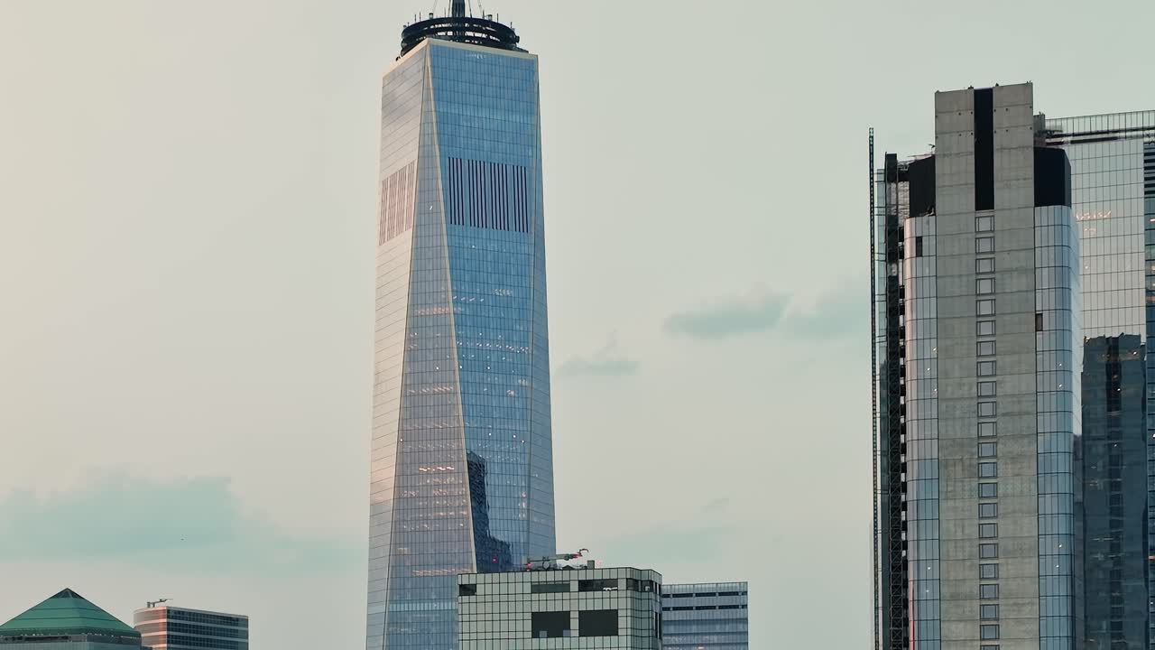 Drone view of One World Trade Center rising above New York skyline