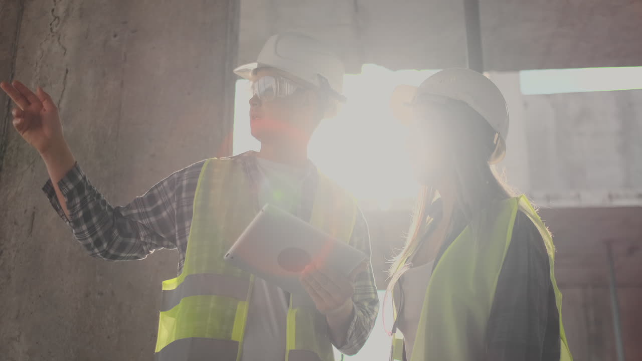 trabajador de la construcción e ingeniero hablando en el sitio de construcción. trabajadores con cascos en el área de construcción. retrato de ingenieros de la construcción trabajando en el lugar de construcción. concepto de construcción moderna