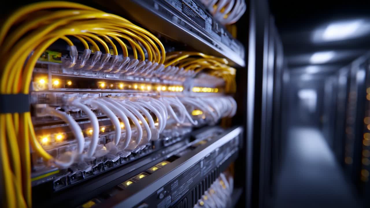 A Detailed Look at Network Infrastructure with Illuminated Cables and Equipment in a Server Room Environment, Showcasing Data Connections Effectively