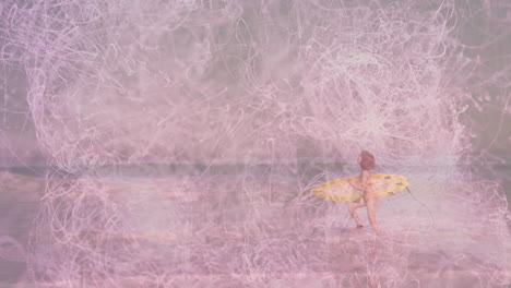 woman carrying surfboard running on beach, with pink light trails showing technology data flow