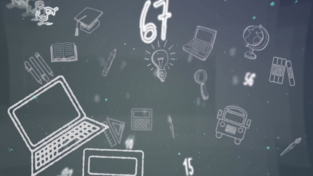 Animation of falling white numbers and lschool items on grey background