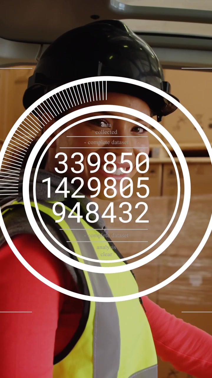 Animation of changing numbers in circles over smiling woman driving forklift in warehouse