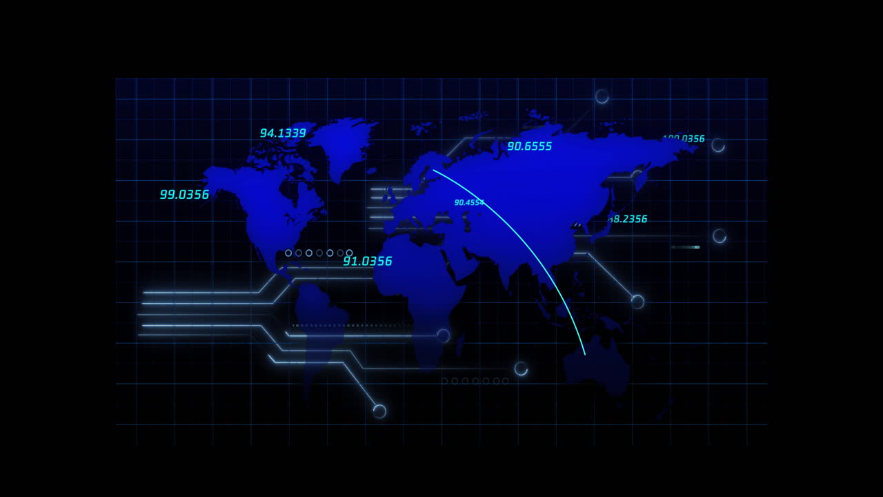 Animation of world map with digital data points connecting on grid background