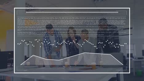 Animación-De-Gráficos,-Datos-Y-Barra-De-Carga-En-Rectángulo-Sobre-Diversos-Compañeros-De-Trabajo-Que-Examinan-Informes