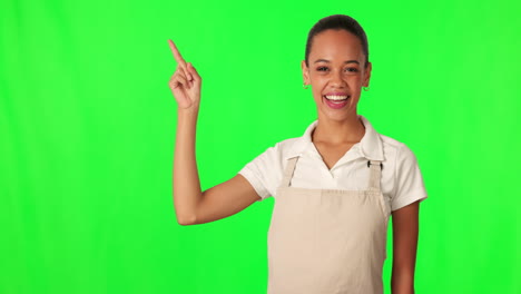 Face,-green-screen-and-woman-pointing