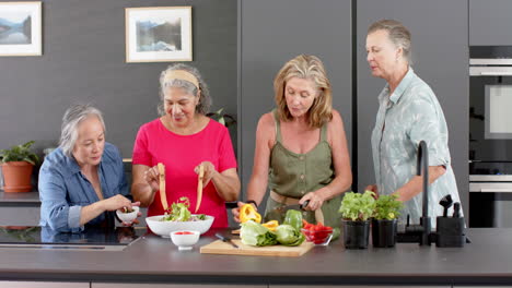 senior diverse group of women prepare a meal together in a home kitchen, including a salad