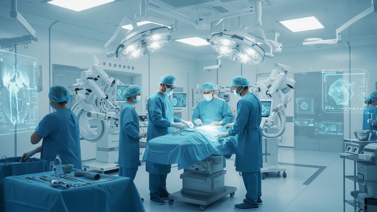 A High-Tech Surgical Procedure in an Advanced Operating Room Featuring Medical Professionals in Scrubs Utilizing Cutting-Edge Technology and Equipment for Patient Care