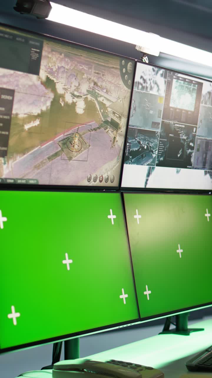 Vertical video Army specialist engaging enemy forces using mockup monitors
