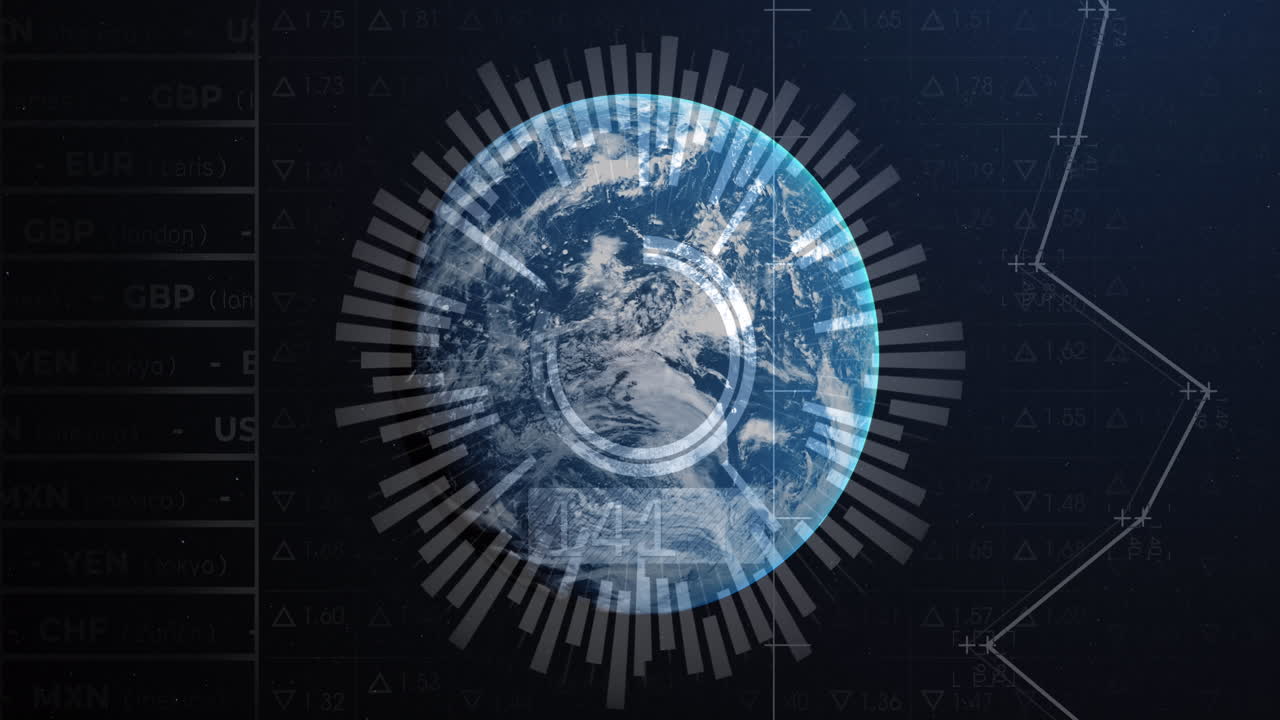 Animation of globe and financial data processing over black background