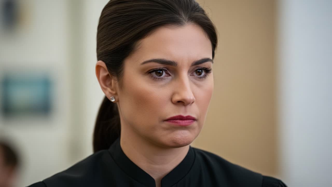 A woman displays a serious and contemplative expression, capturing a moment of intensity and focus in a professional setting, possibly related to judgment or decision-making