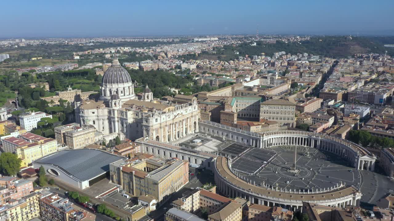 Aerial drone flying above the Vatican captures St. Peter’s Basilica, its majestic dome, and Piazza San Pietro in breathtaking aerial detail