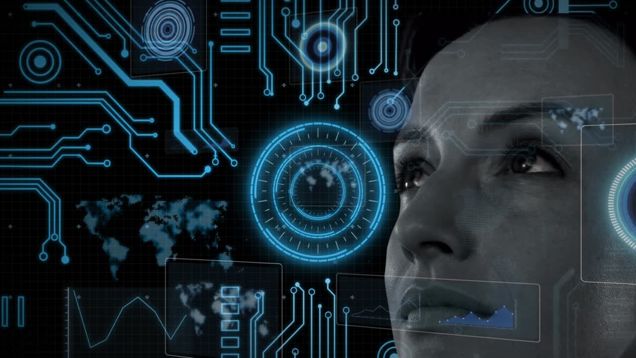 Animation of digital interface with data processing over woman's face