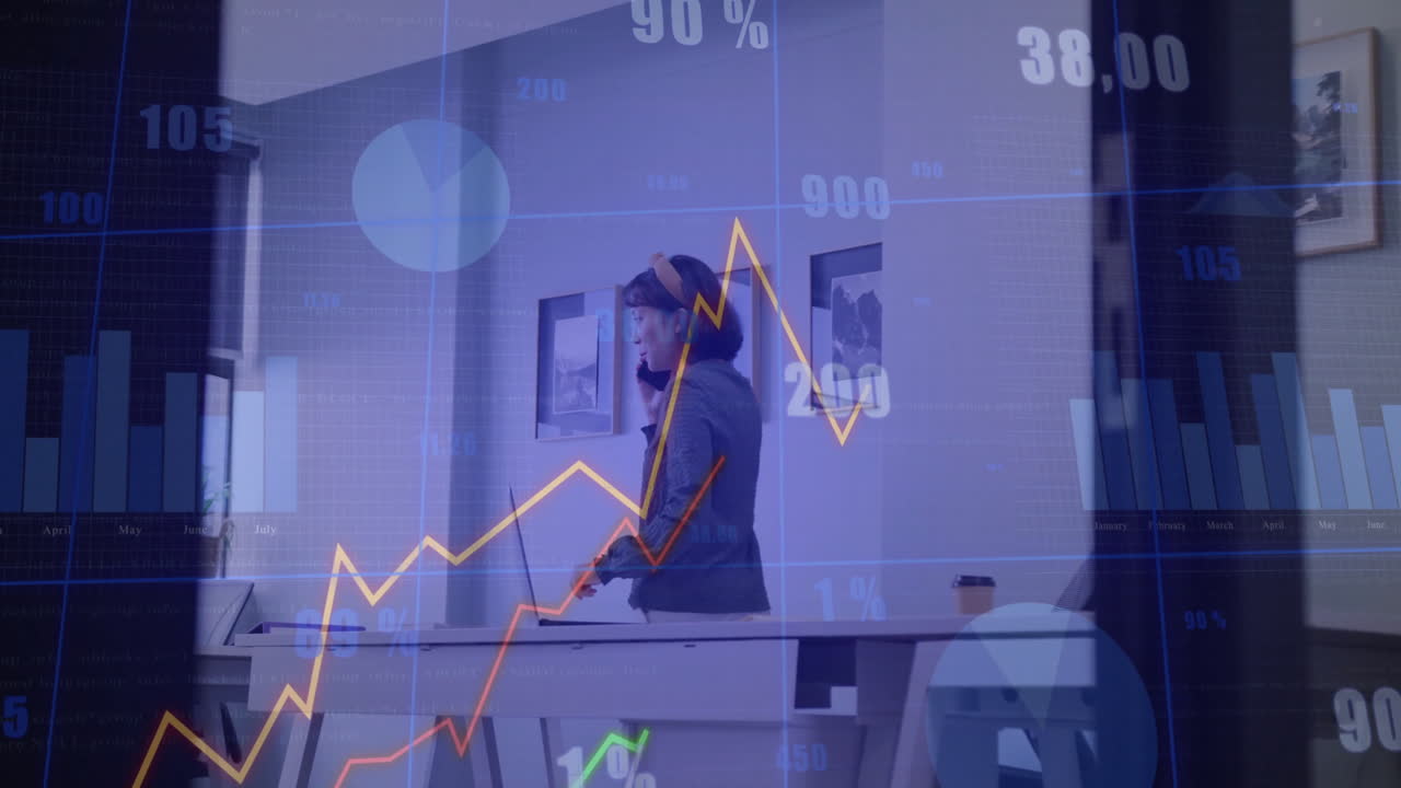 사무실에서 스마트폰을 사용하는 아시아 사업가 여성에 대한 금융 데이터 처리 애니메이션